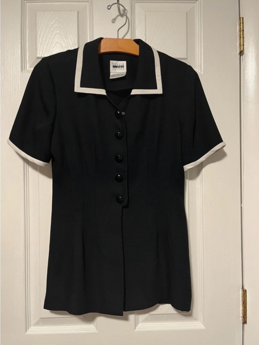 Leslie Fay Black Short Sleeve Button-Front Top with White Trim